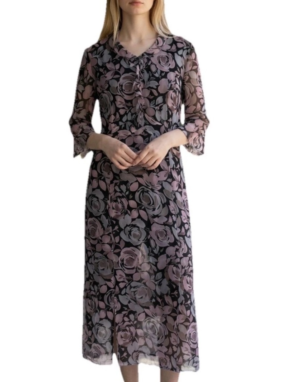 Garnet Hill Silk Dress Maxi/Midi Long Ruffle Trim Purple Gray Black Print Sz 14